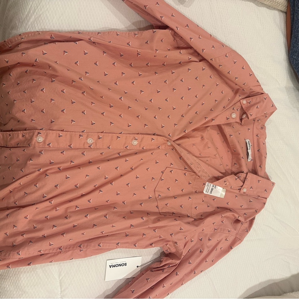 Sonoma Pink Button Up Long Sleeve Shirt with Triangle Pattern